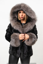 Women's Mink Bomber Jacket With Hood [Black/Silver]