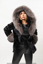Women's Mink Bomber Jacket With Hood [Black/Silver]
