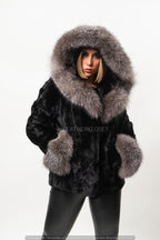 Women's Mink Bomber Jacket With Hood [Black/Silver]