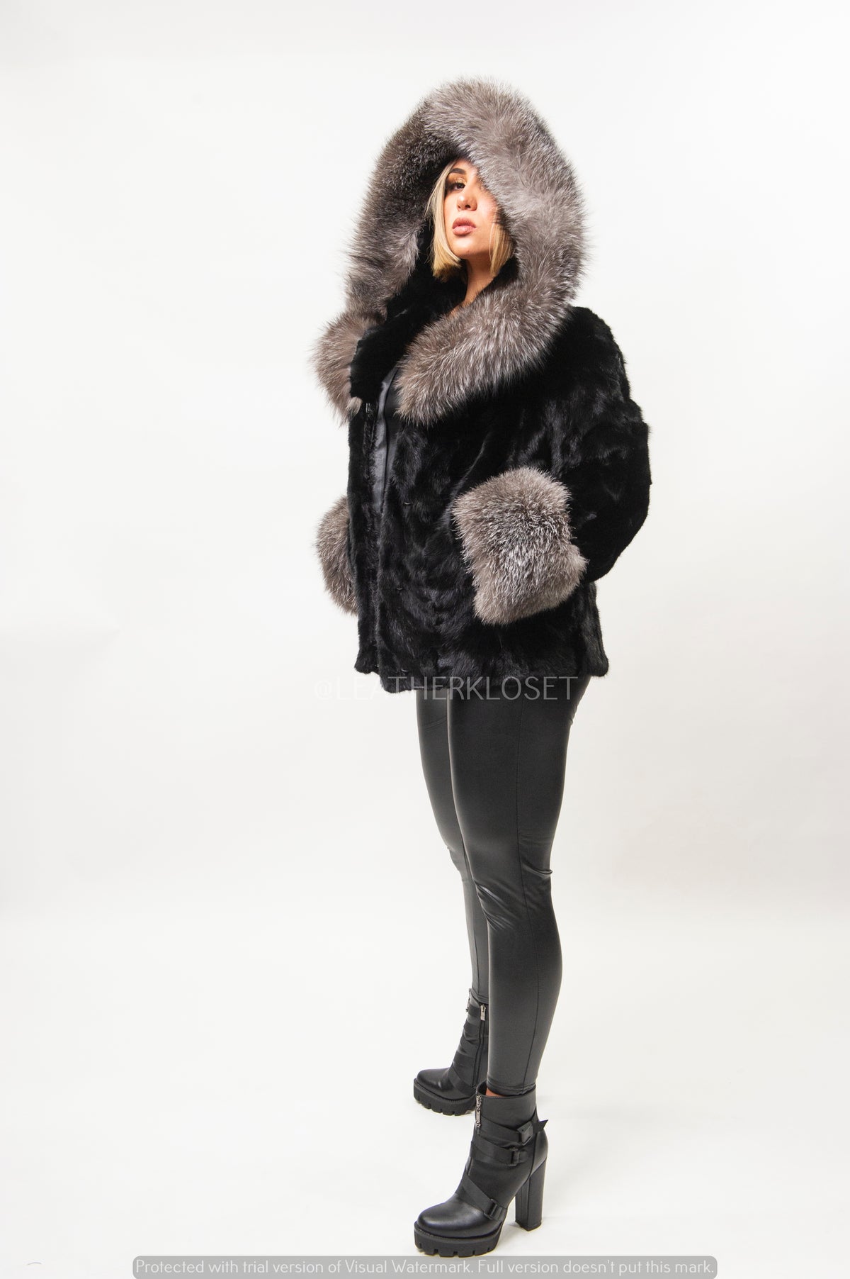 Women's Mink Bomber Jacket With Hood [Black/Silver]