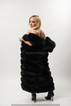 Women's Long Black Fox Fur Vest With Hood [Black]