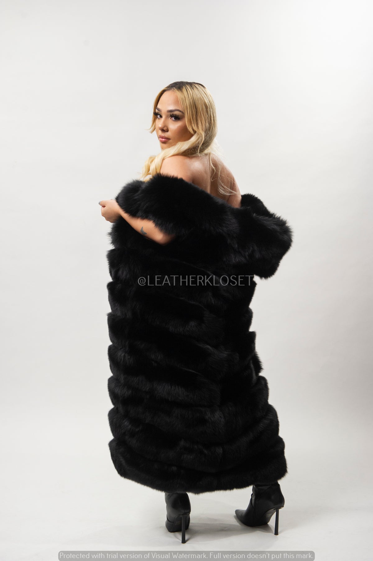 Women's Long Black Fox Fur Vest With Hood [Black]