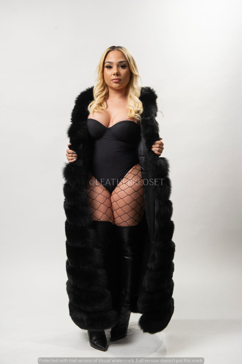 Women's Long Black Fox Fur Vest With Hood [Black]