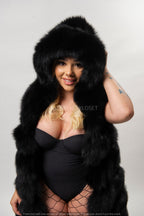 Women's Long Black Fox Fur Vest With Hood [Black]