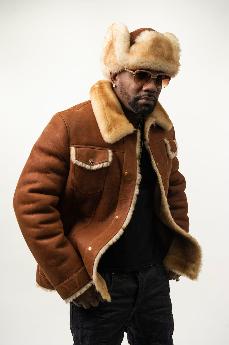 Mens Troy Shearling With Matching Hat [Cognac]