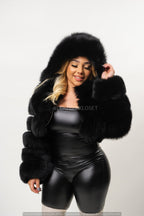 Women's Crop Fox Bomber With Hood [Black]