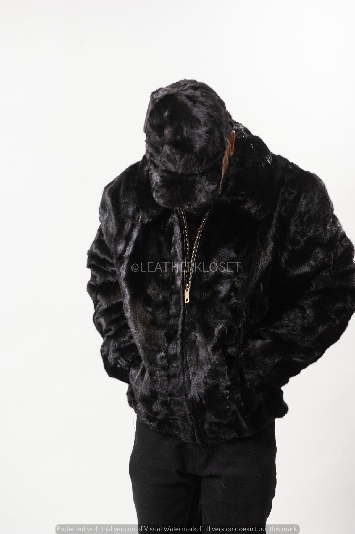 Men's Mink Bomber Jacket With Matching Mink Cap [Black]