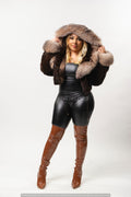 Women's Crop Mink Bomber With Hood [Brown]