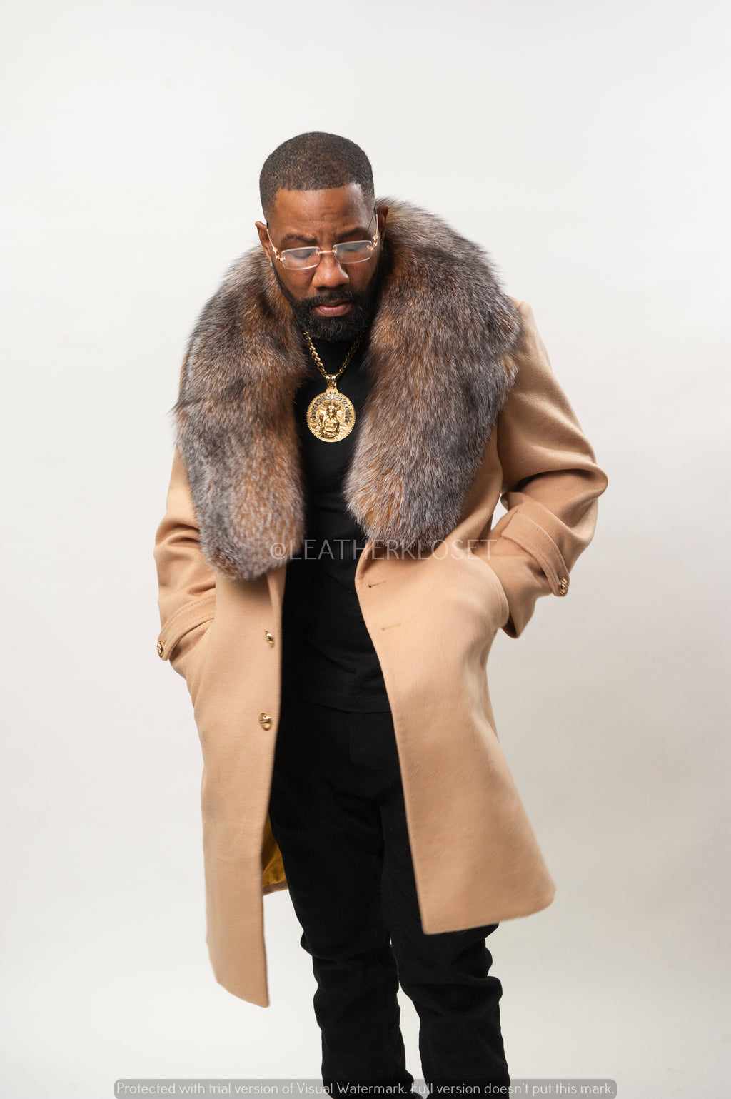 Men's Cashmere Trench Coat With Fox Collar [Tan]