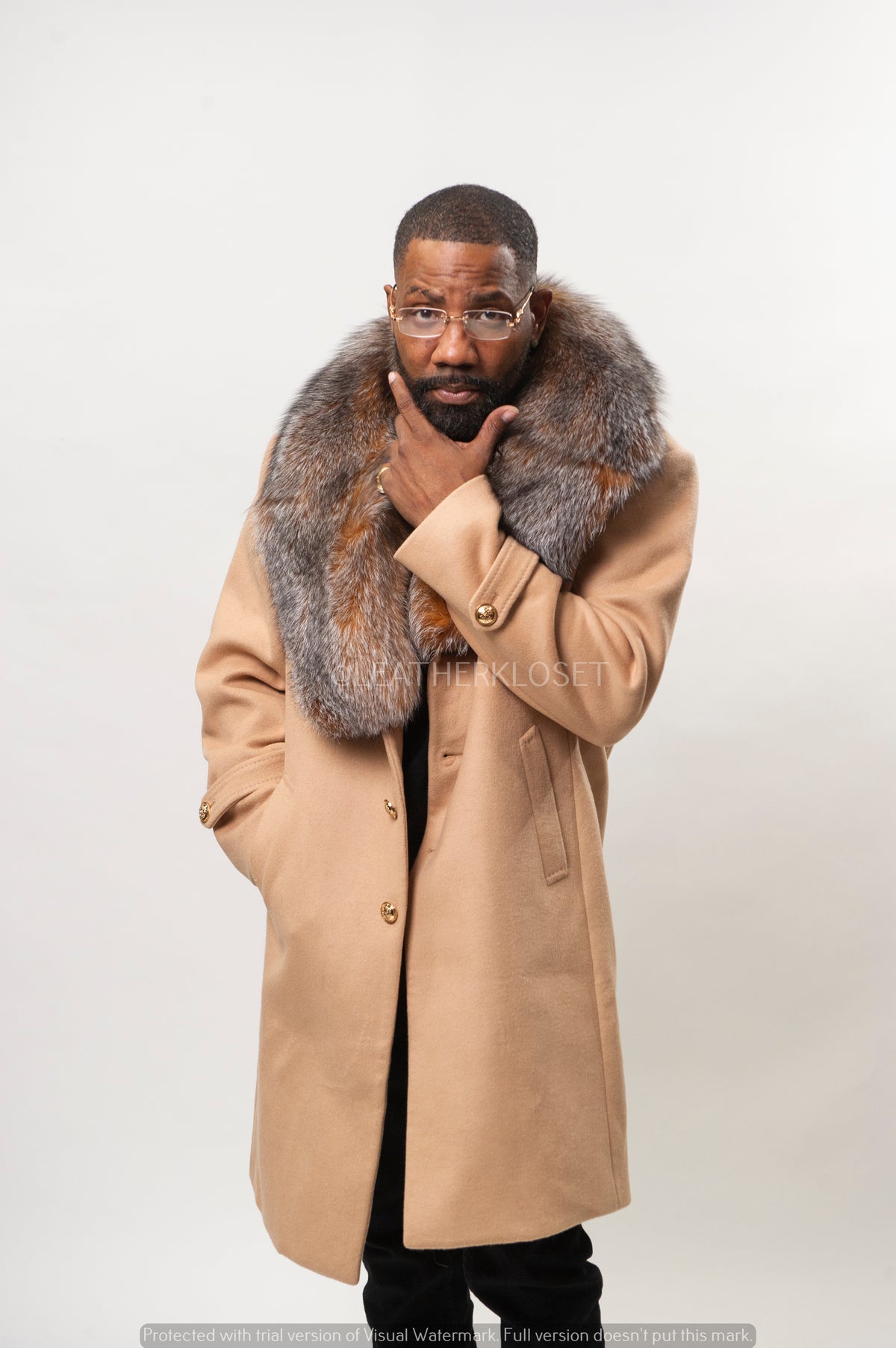 Men's Cashmere Trench Coat With Fox Collar [Tan]