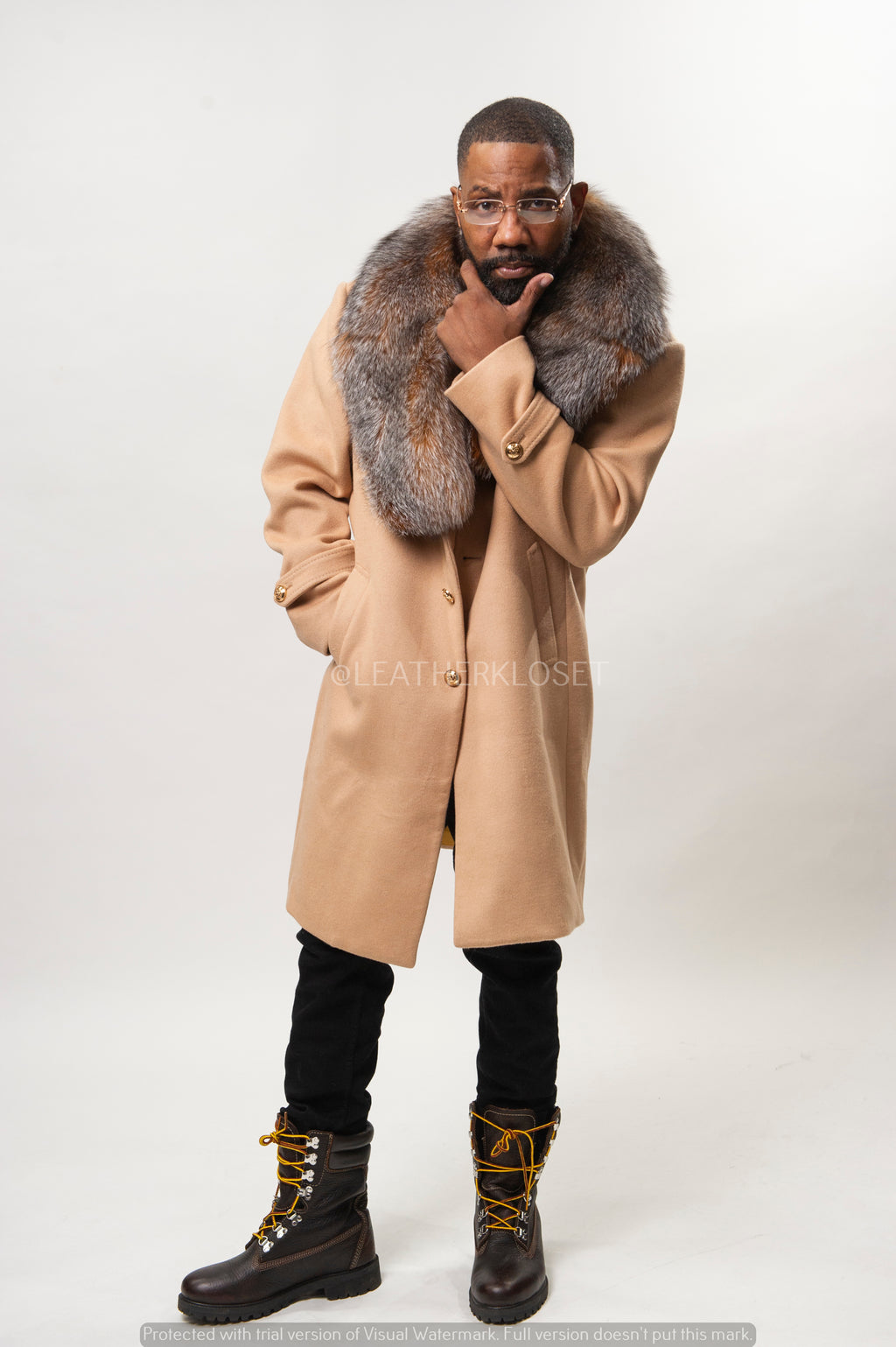 Men's Cashmere Trench Coat With Fox Collar [Tan]