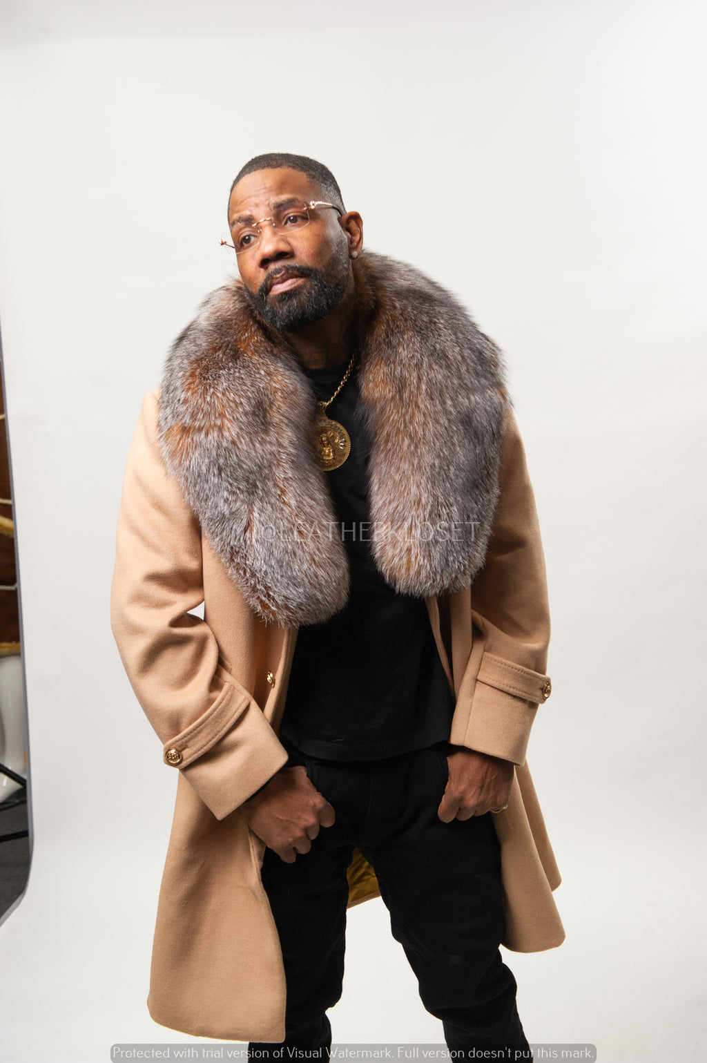 Men's Cashmere Trench Coat With Fox Collar [Tan]