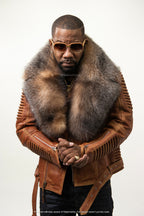 Men's Trey Biker Caramel Crunch Leather Full Fox Fur Collar