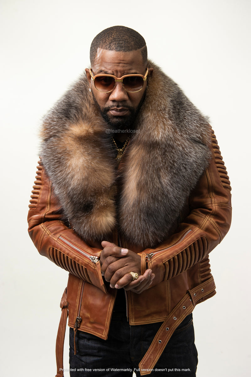 Men's Trey Biker Caramel Crunch Leather Full Fox Fur Collar