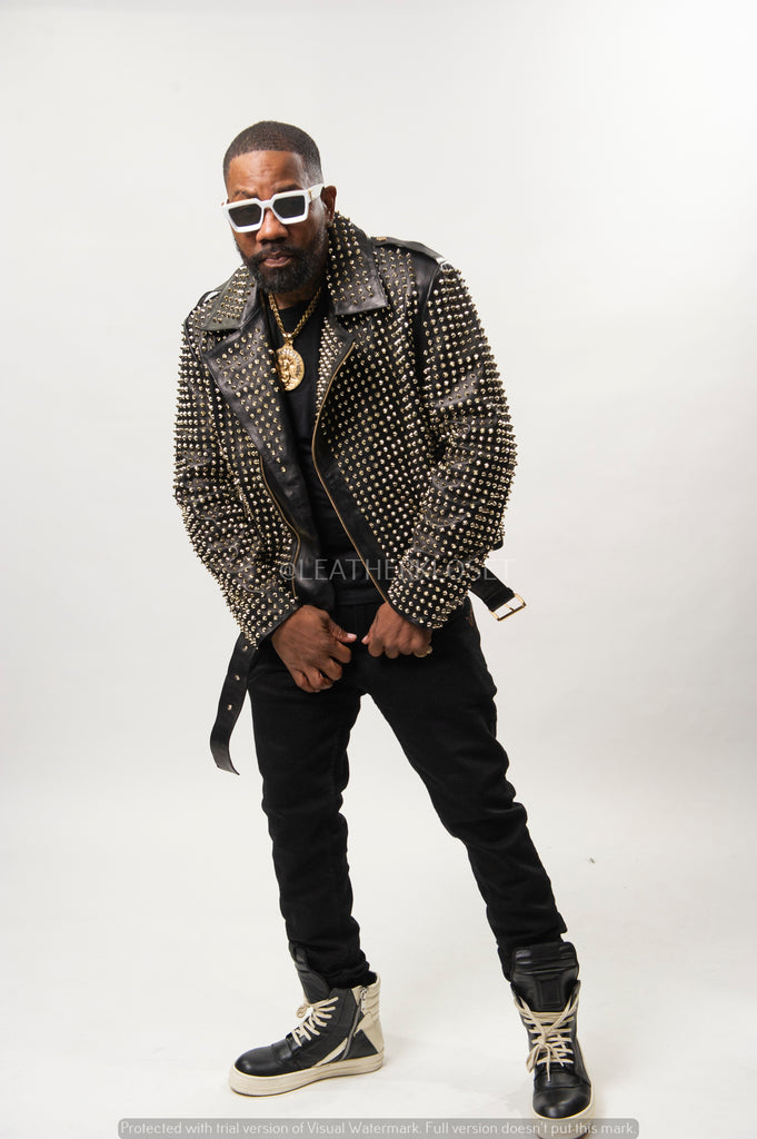 Men Biker Zipper Golden Studded Leather Jacket main image 1