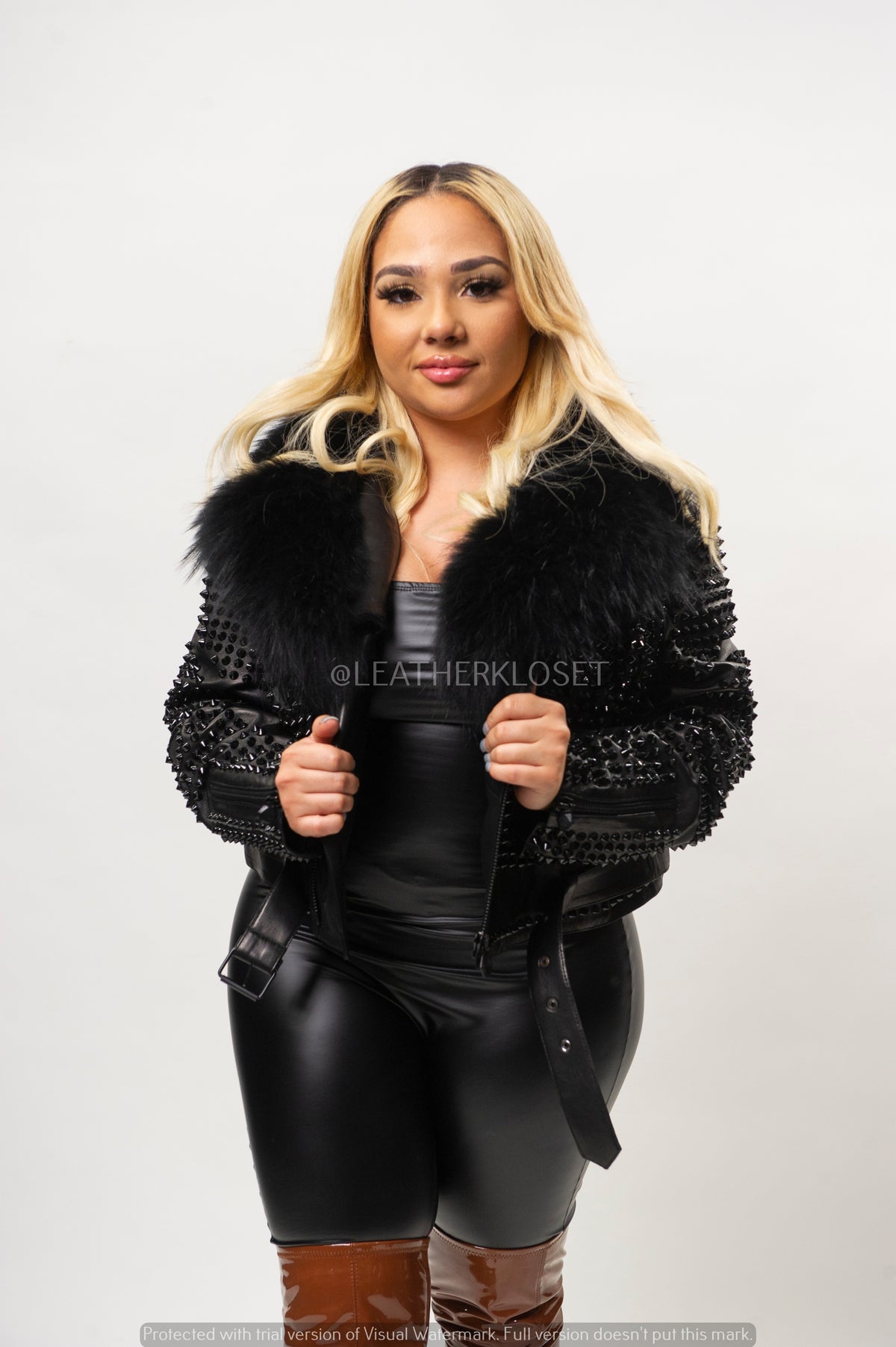 Women's Fully Studded Biker Jacket With Fox Collar [Black]