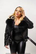 Women's Fully Studded Biker Jacket With Fox Collar [Black]