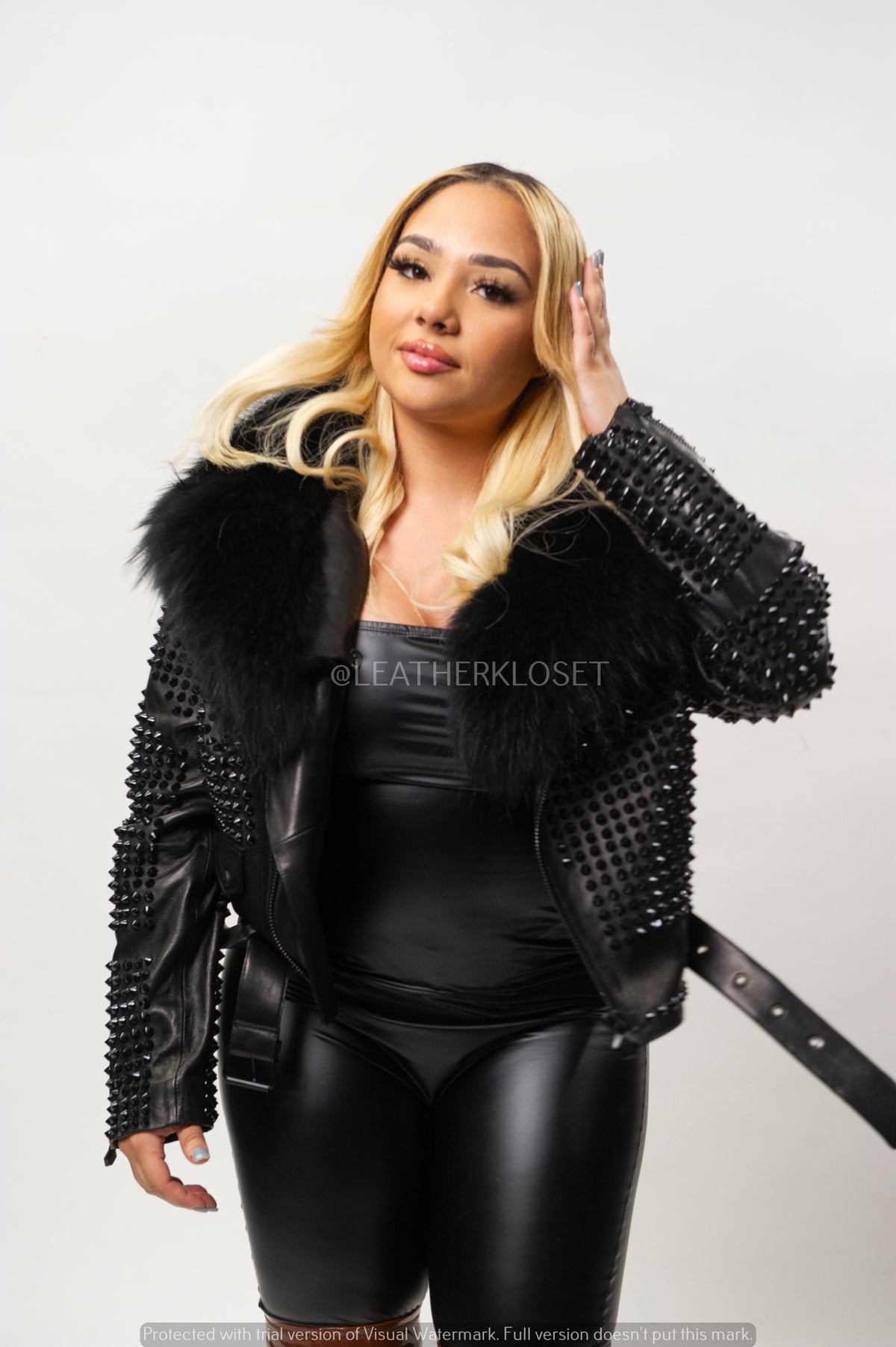 Women's Fully Studded Biker Jacket With Fox Collar [Black]