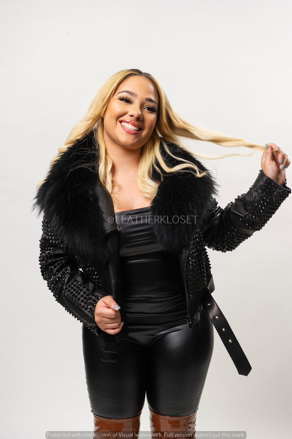 Women's Fully Studded Biker Jacket With Fox Collar [Black]