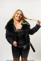 Women's Fully Studded Biker Jacket With Fox Collar [Black]