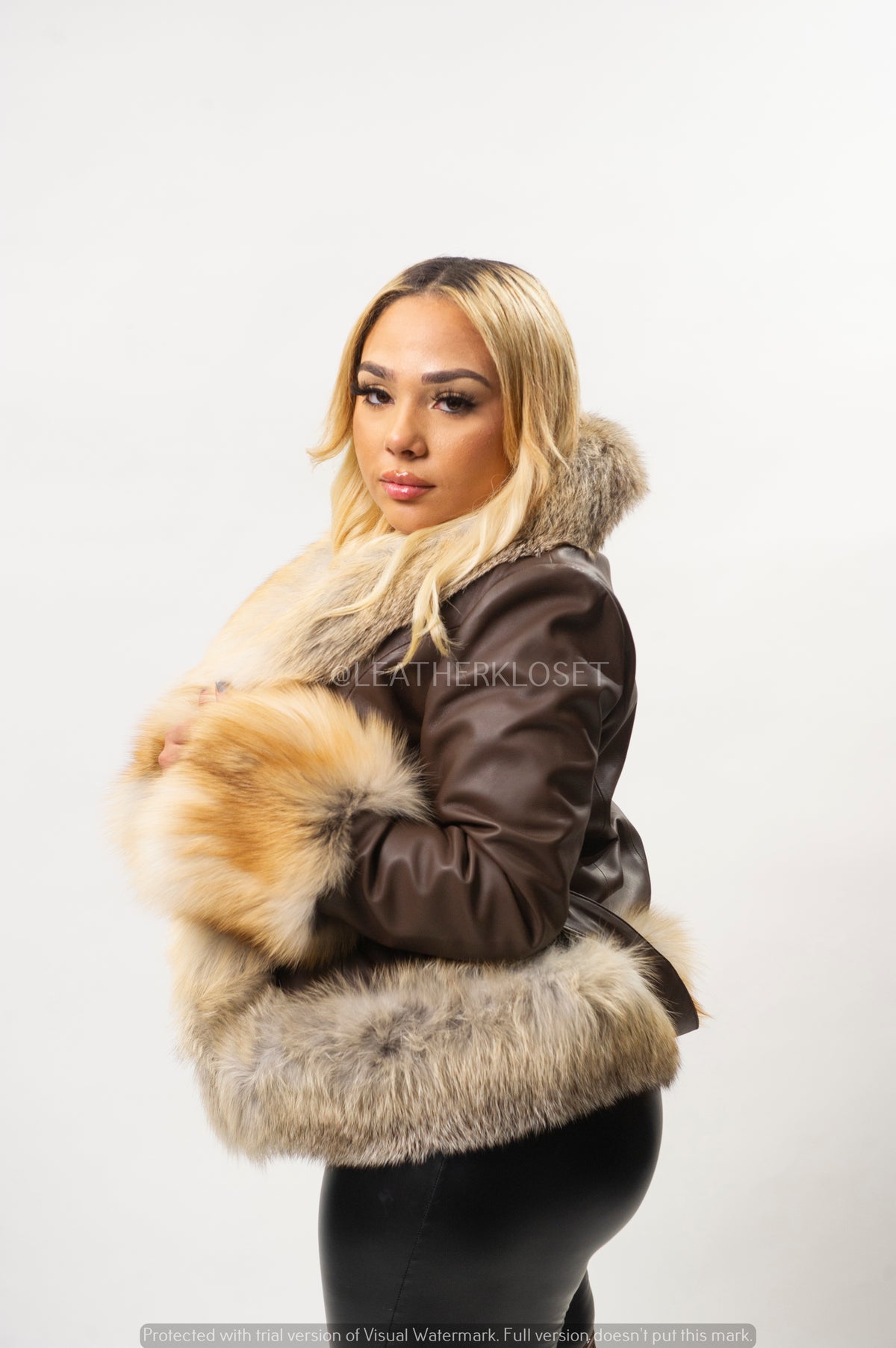 Women's Tina Leather Jacket With Full Fox Trimming [Chocolate/Gold]