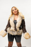 Women's Tina Leather Jacket With Full Fox Trimming [Chocolate/Gold]