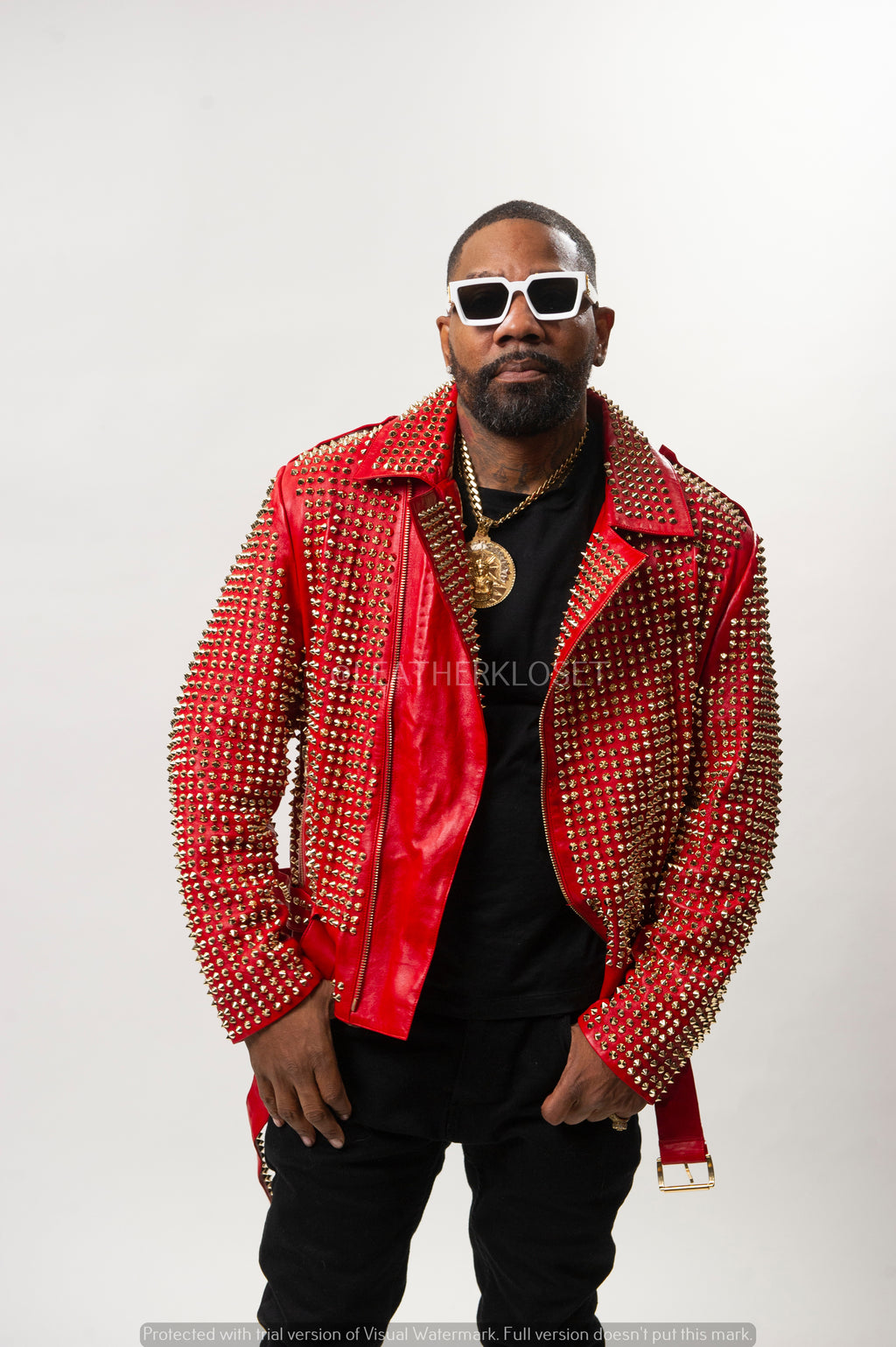 Men's Fully Studded Biker Jacket [Red/Gold]