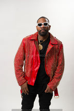 Men's Fully Studded Biker Jacket [Red/Gold]