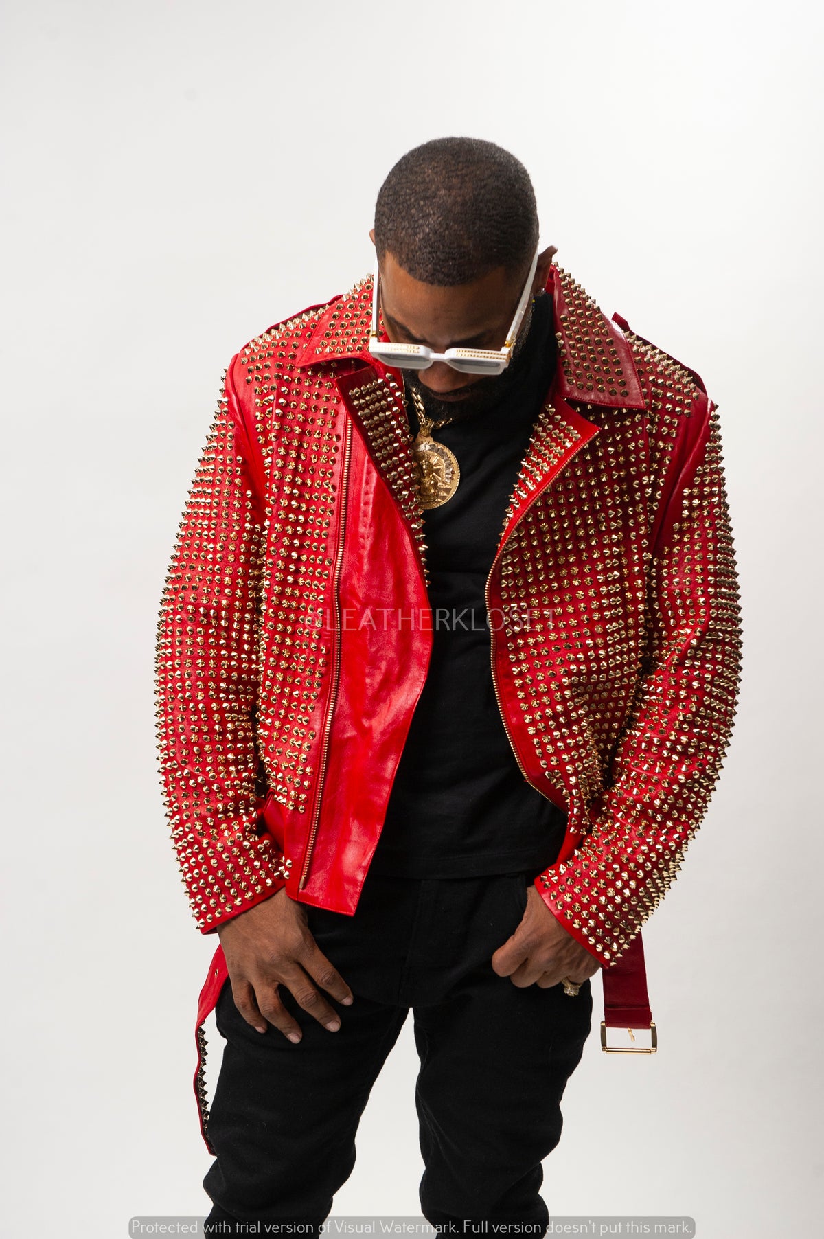 Men's Fully Studded Biker Jacket [Red/Gold]