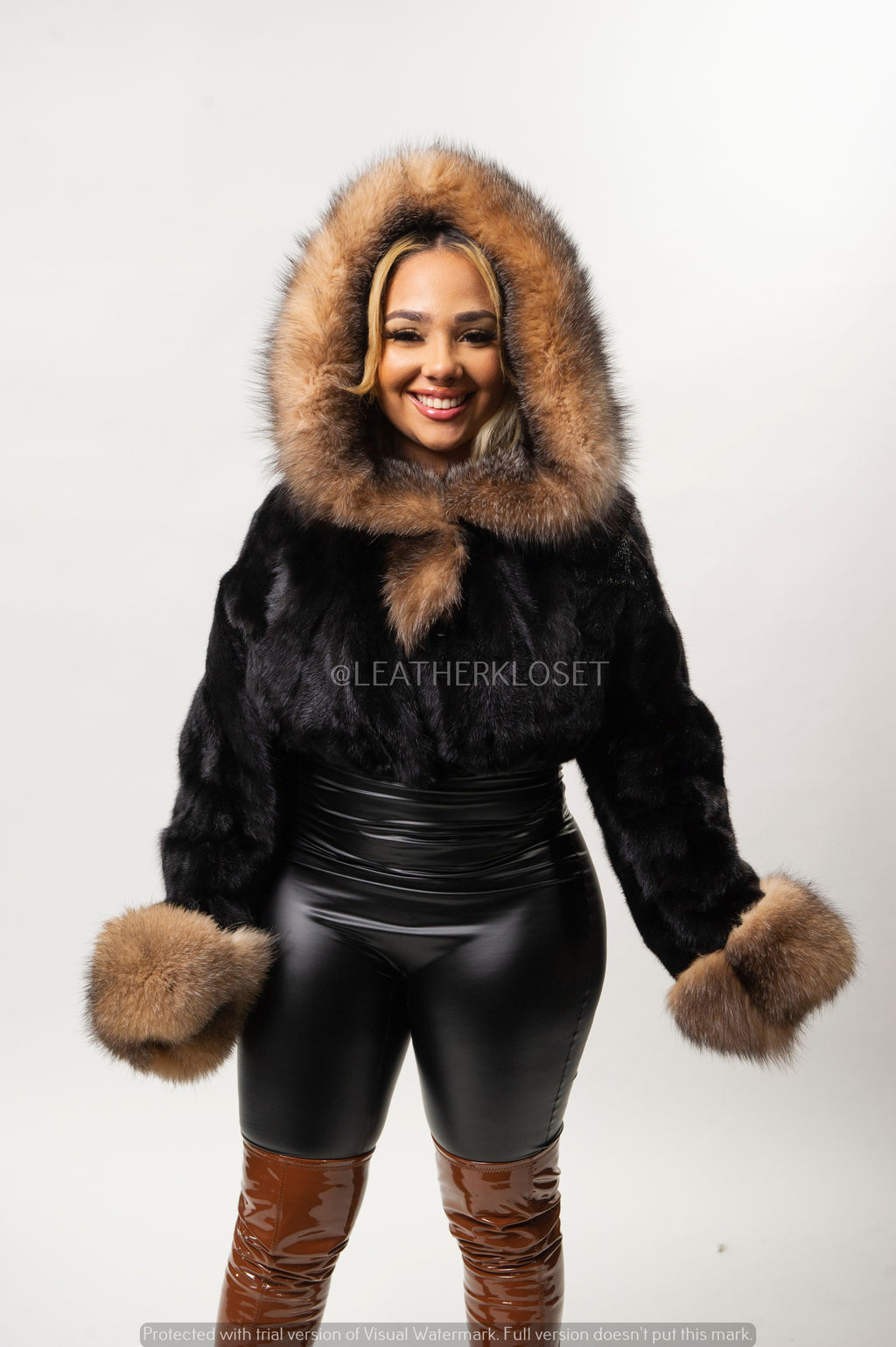 Women's Crop Mink Bomber With Hood [Black/Crystal]