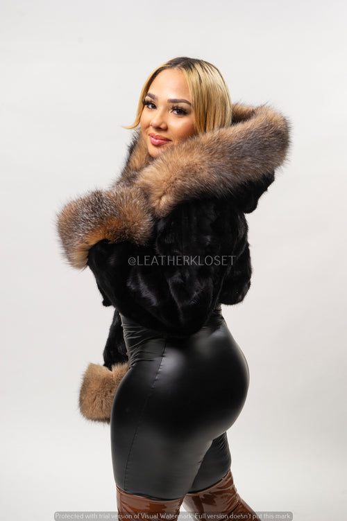 Women's Crop Mink Bomber With Hood [Black/Crystal]