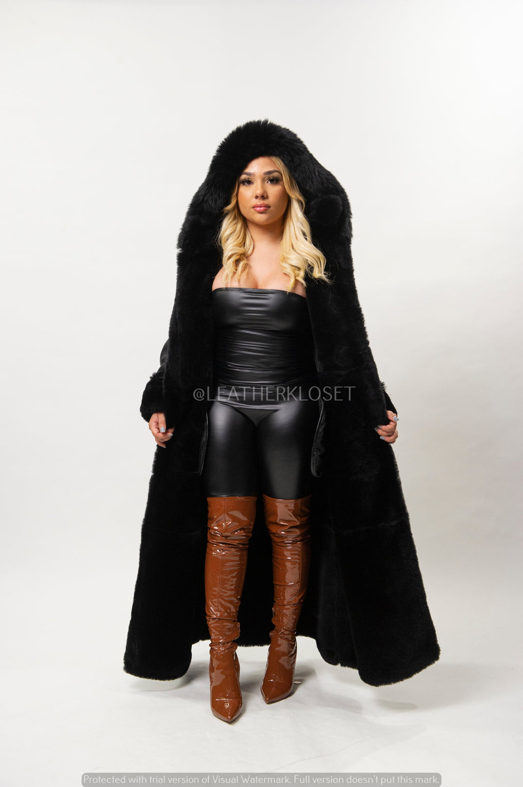 Women's Hazel Full Length Real Sheepskin Trench Coat [Black]