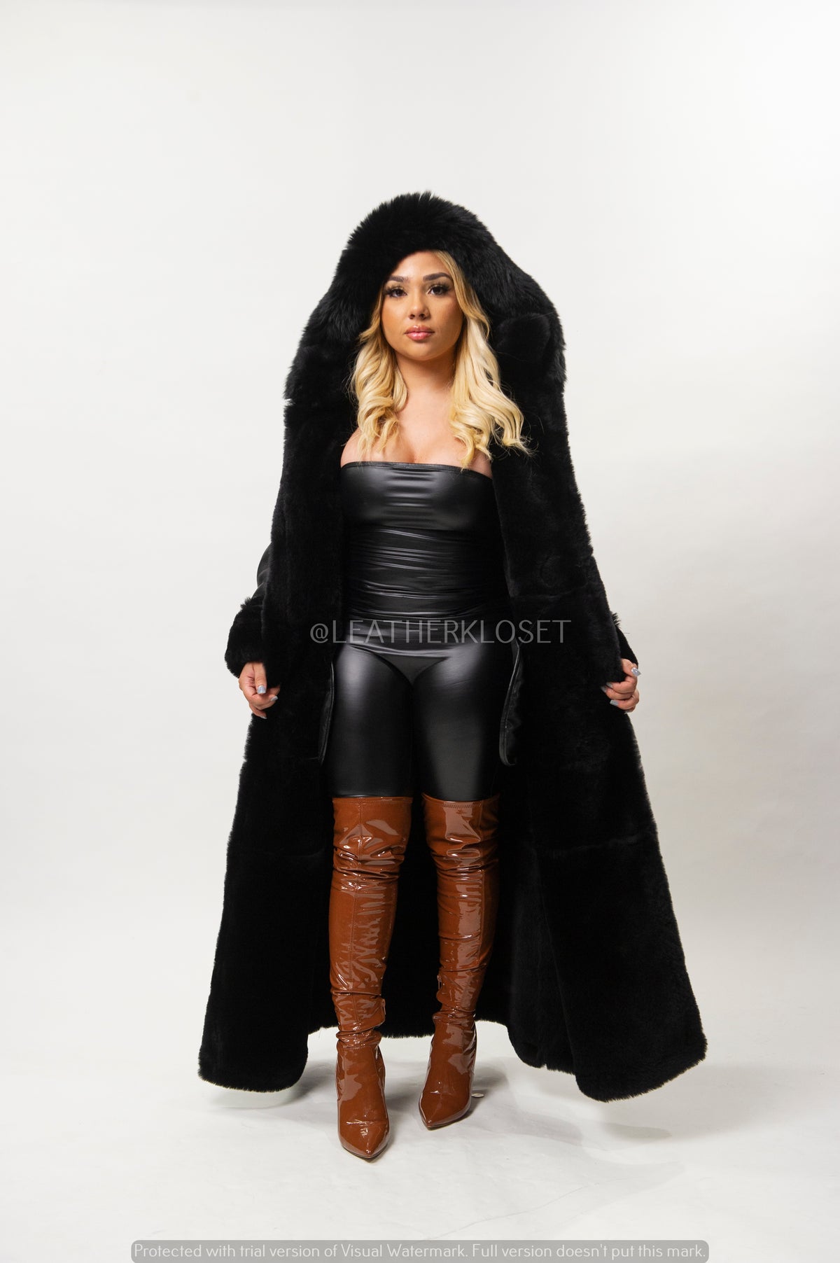 Women's Hazel Full Length Real Sheepskin Trench Coat [Black]