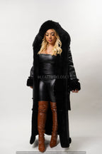 Women's Hazel Full Length Real Sheepskin Trench Coat [Black]