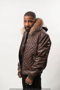 Men's Lucas Quilted Leather Bomber Jacket With Fox Hood [Crystal Fox]