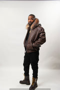 Men's Lucas Quilted Leather Bomber Jacket With Fox Hood [Crystal Fox]