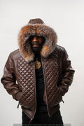Men's Lucas Quilted Leather Bomber Jacket With Fox Hood [Crystal Fox]