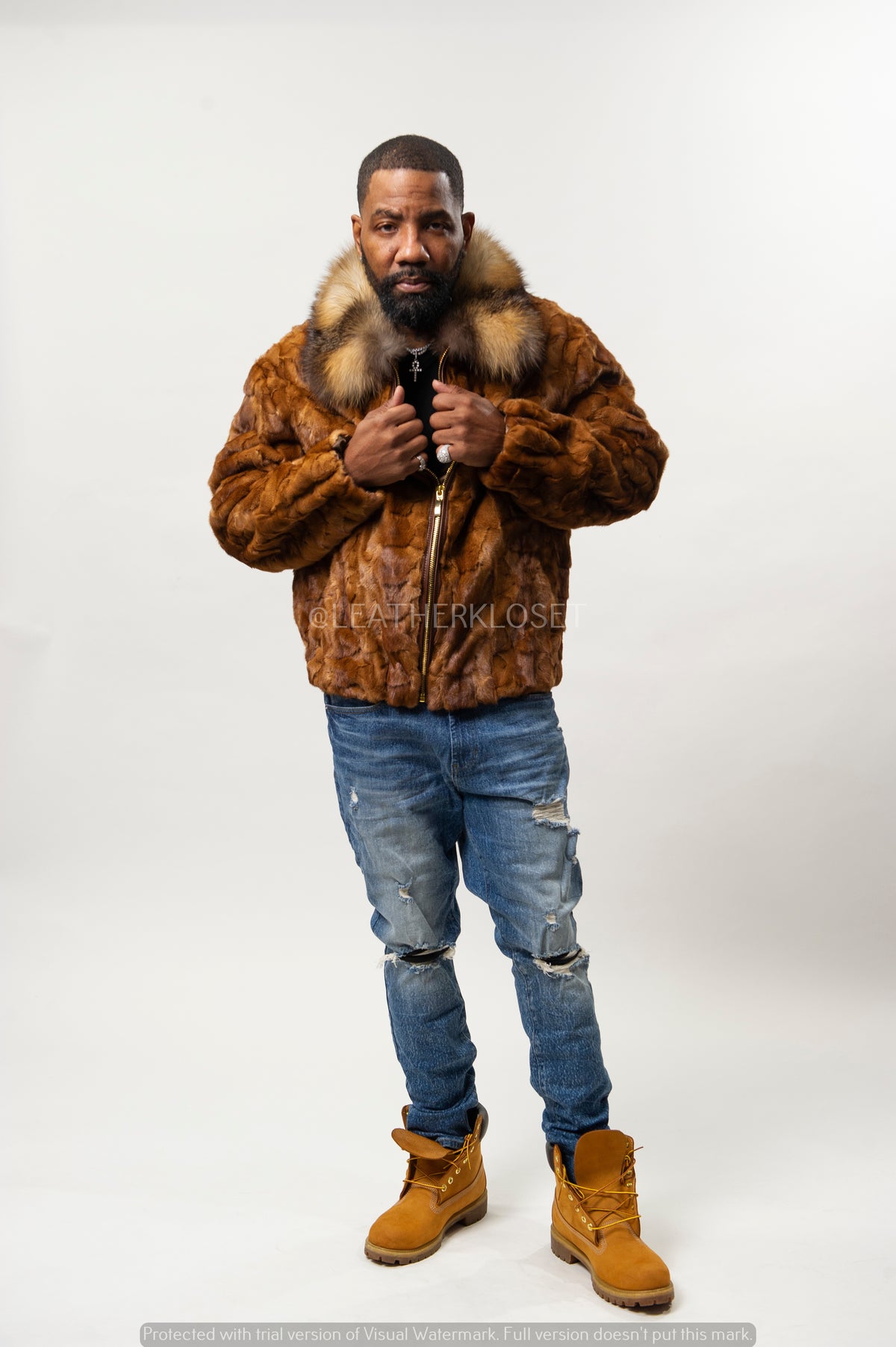 Men's Mink with Fox Fur Bomber Jacket [Whiskey]
