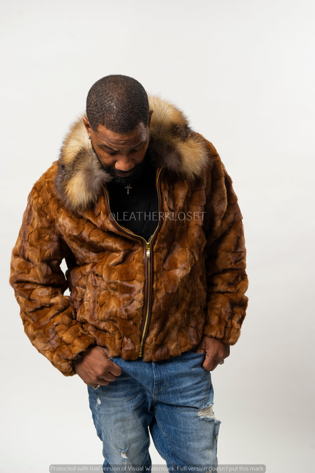 Men's Mink with Fox Fur Bomber Jacket [Whiskey]
