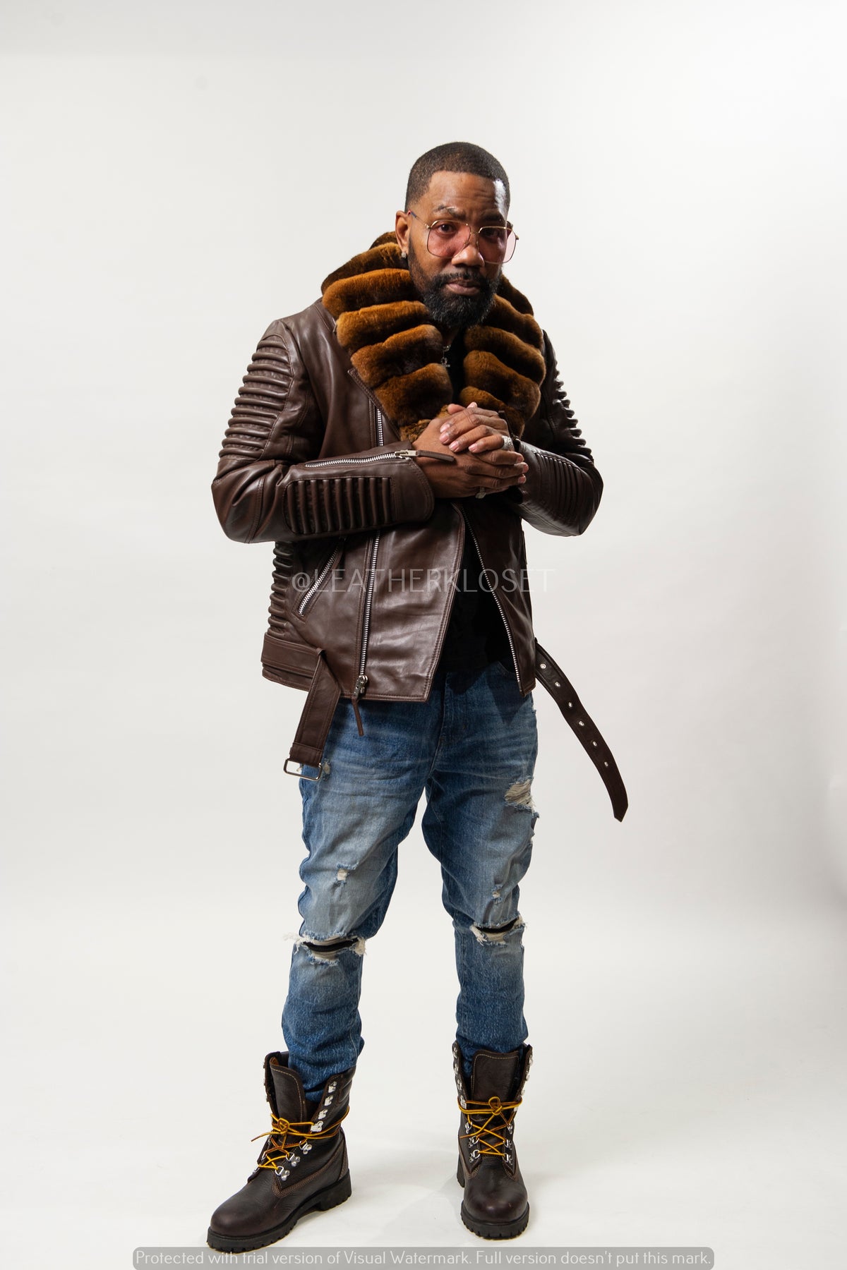 Men's Trey Biker With Real Chinchilla Fur Collar [Brown Chinchilla]