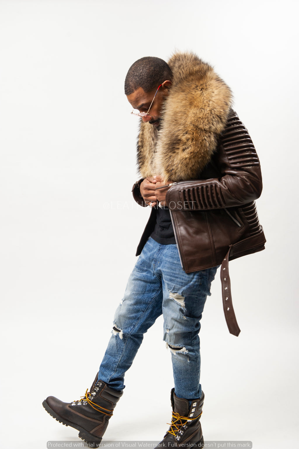 Men's Trey Biker Brown With Raccoon Fur