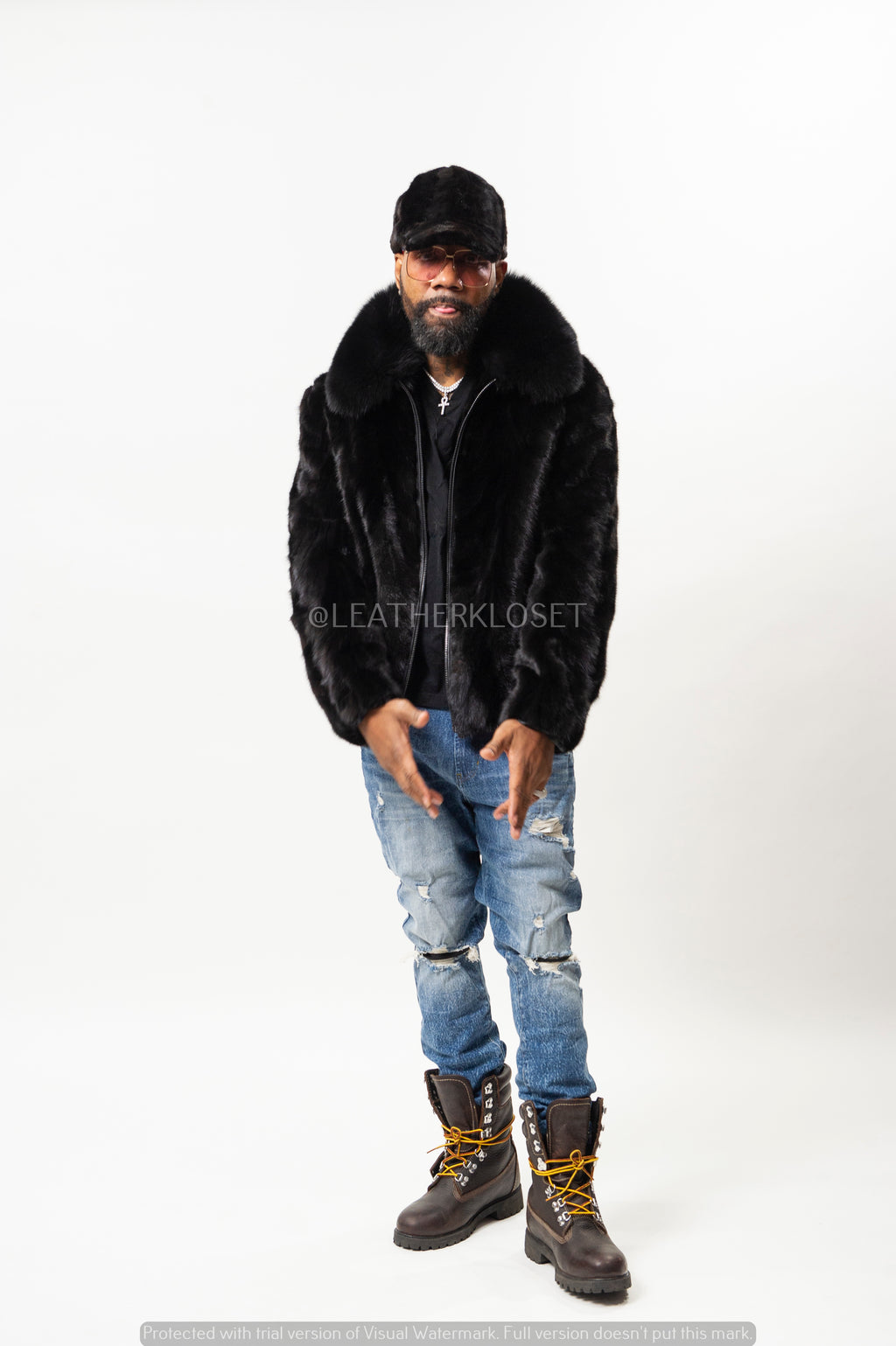 Men's Mink Bomber Jacket With Matching Cap [Black]