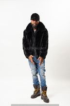 Men's Mink Bomber Jacket With Matching Cap [Black]