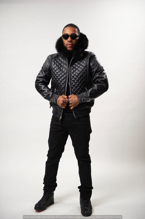 Men's Lucas Quilted Leather Bomber Jacket With Fox Hood [Black Fox]