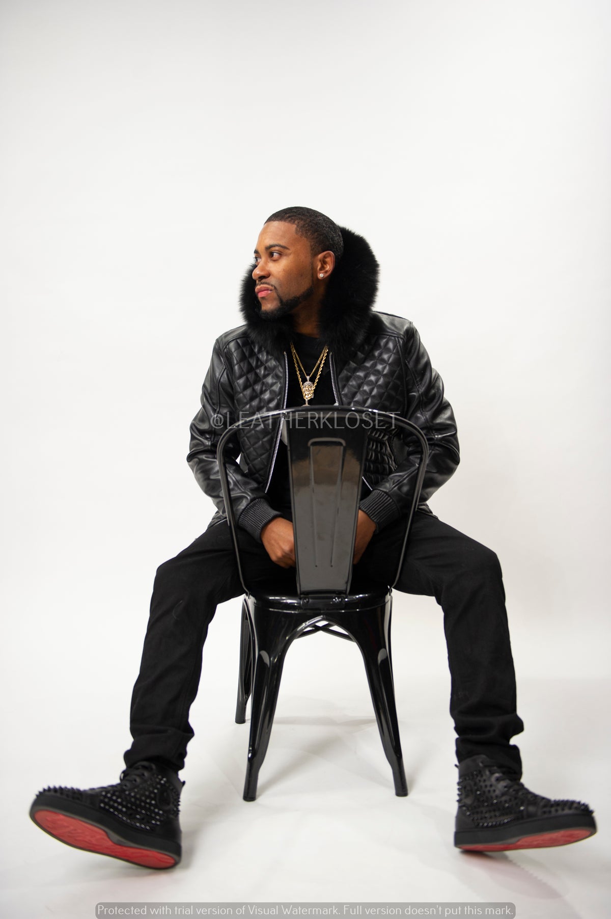 Men's Lucas Quilted Leather Bomber Jacket With Fox Hood [Black Fox]