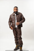 Men's Dylan Leather Jean Jacket And Pants Set [Brown]