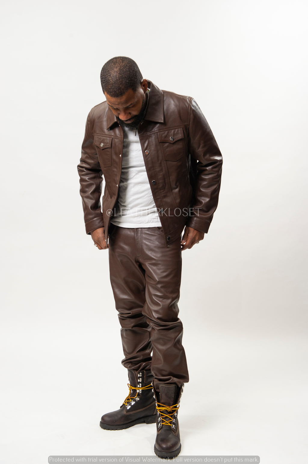 Men's Dylan Leather Jean Jacket And Pants Set [Brown]