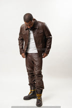 Men's Dylan Leather Jean Jacket And Pants Set [Brown]