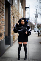 Women's Striped Crop Fox Bomber With Hood [Black/Silver]