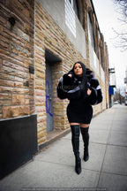 Women's Striped Crop Fox Bomber With Hood [Black/Silver]